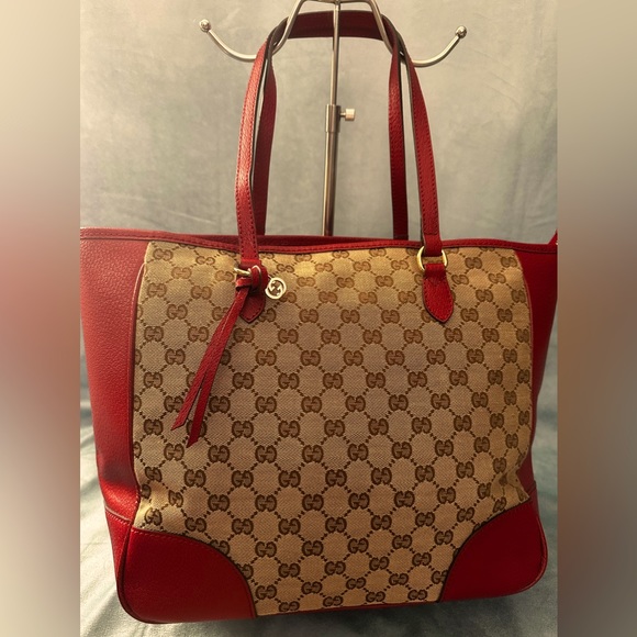 Vintage Authentic Gucci Monogram Bree Zippered Tote ( Red Beige canvas) … - Picture 1 of 11